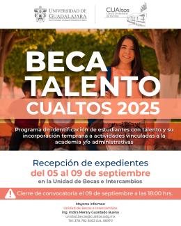 Beca Talento Cualtos 2025. Recepción de expedientes del 05 al 9 de septiembre hasta las 18. hrs