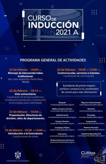 Cartel en el que se lee "CURSO DE INDUCCIÓN 2021 A". Debajo el programa general de actividades.