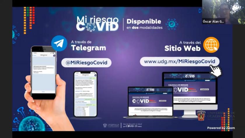 Captura de pantalla en la que se lee "Mi riesgo COVID" "Disponible en dos modalidades". 