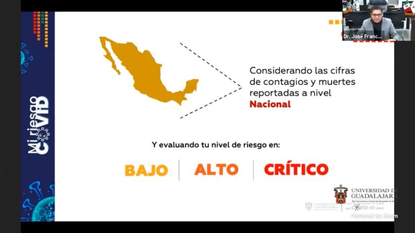 Captura de pantalla en la que se ve un mapa de México de color amarillo y se lee "Considerando las cifras de contagios y muertes reportadas a nivel Navional". En la parte inferior se lee "Y evaluando tu nivel de riesgo en:" "BAJO" en color amarillo, "ALTO" en color naranja, y "CRÍTICO" en color rojo.