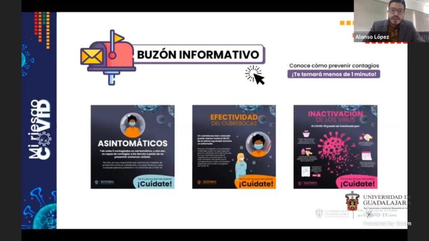 Captura de pantalla en la que se lee "BUZÓN INFORMATIVO". En la parte inferior tres imágenes en las que se lee "ASINTOMÁTICOS", "EFECTIVIDAD DEL CUBREBOCAS" e "INACTIVACIÓN DE LOS VIRUS".