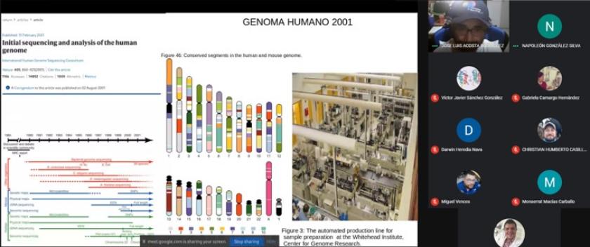 Captura de pantalla de una videollamada en la que se lee "GENOMA HUMANO 2001".