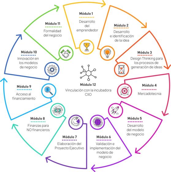 Cartel de Módulos integrantes del Diplomado en materia de emprendimiento.