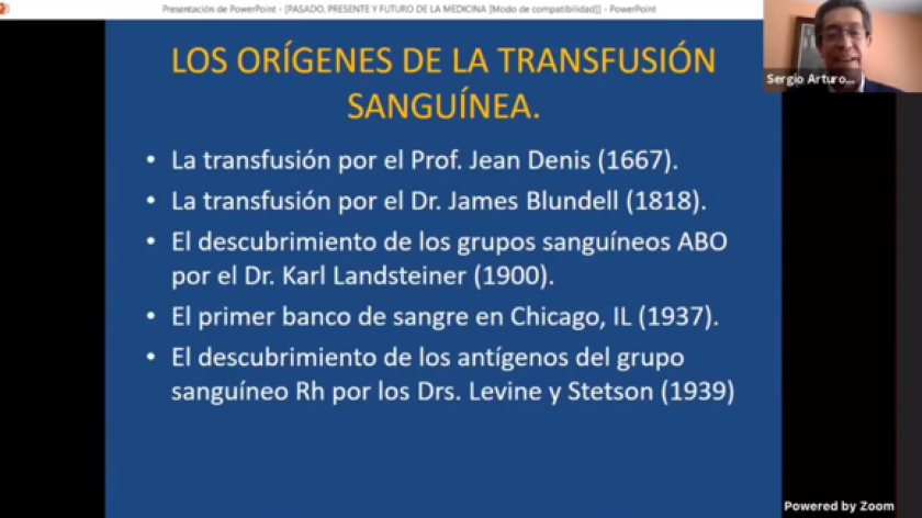 Captura de pantalla en la que se lee "LOS ORÍGENES DE LA TRANSFUSIÓN SANGUÍNEA".