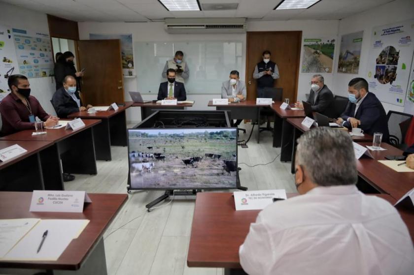 Siete personas sentadas al rededor de cuatro televisores, en uno se ve un campo con vacas.