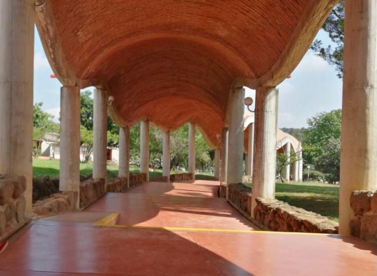 Plano de una estructura arquitectónica, al fondo varios árboles.
