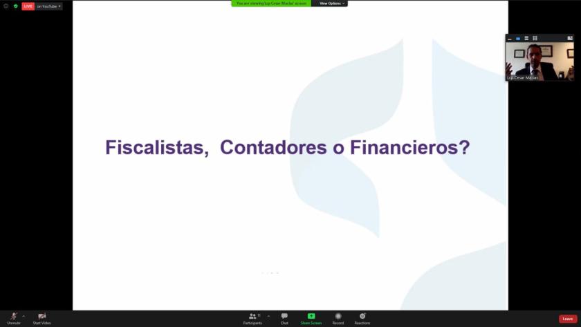 Captura de pantalla de una videollamada en la que se lee "Fiscalistas, Contadores o Financieros?"