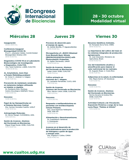 Cartel en el que se lee "III Congreso Internacional de Biociencias". Debajo el programa general de actividades.