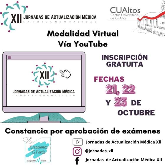 Cartel en el que se lee "XII JORNADAS DE ACTUALIZACIÓN MÉDICA" "Modalidad Virtual Vía YouTube".