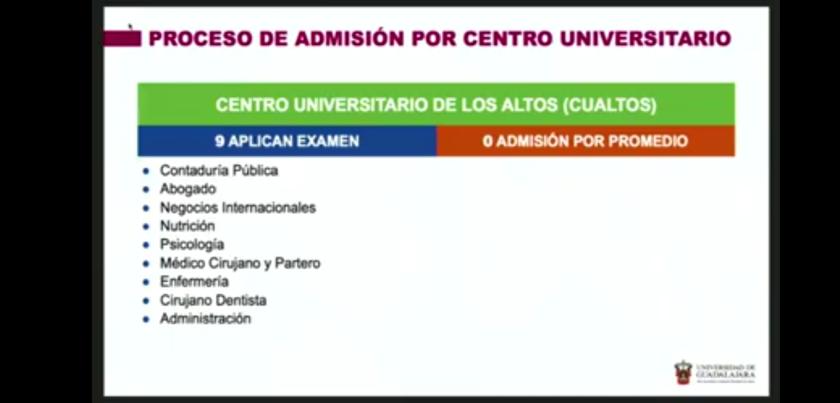 Diapositiva en la que se lee "PROCESO DE ADMISIÓN POR CENTRO UNIVERSITARIO".