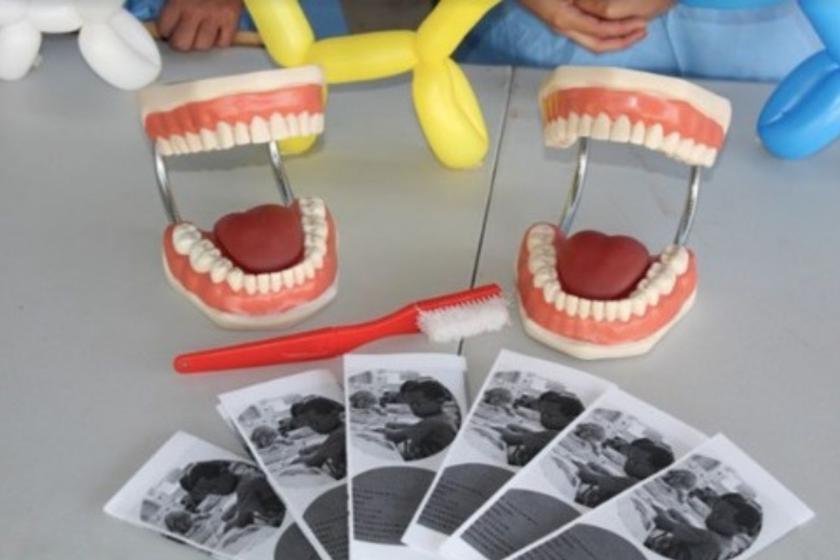 Equipo odontológico para hacer demostración de lavado de dientes.
