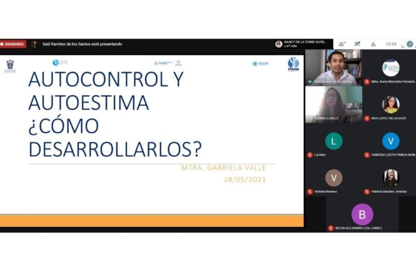 Captura de pantalla de una videollamada en la que se lee "AUTOCONTROL Y AUTOESTIMA ¿CÓMO DESARROLLARLOS?"