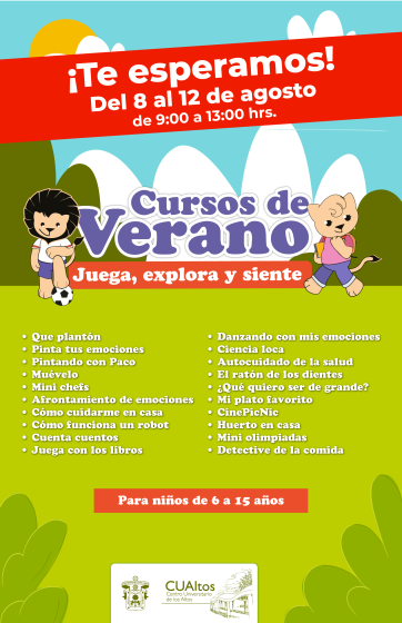 Cartel en el que lee "Cursos de Verano" "Juega, explora y siente".