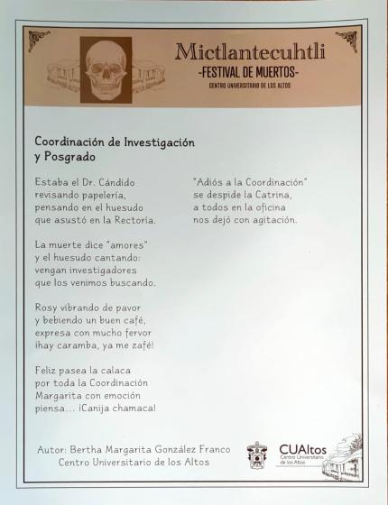 Cartel en el que se lee una calaverita titulada "Coordinación de Investigación y Posgrado".