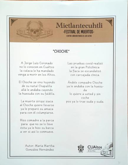 Cartel en el que se lee una calaverita titulada "CHOCHE".