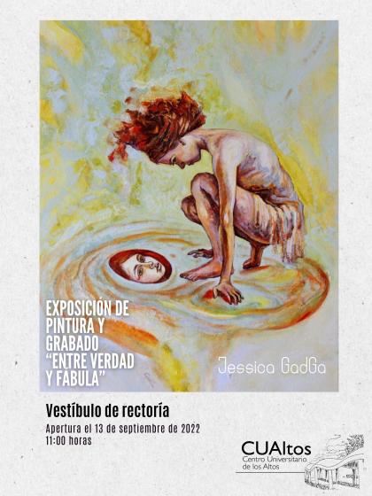 Cartel en el que se lee "EXPOSICIÓN DE PINTURA Y GRABADO "ENTRE LA VERDAD Y LA FÁBULA""