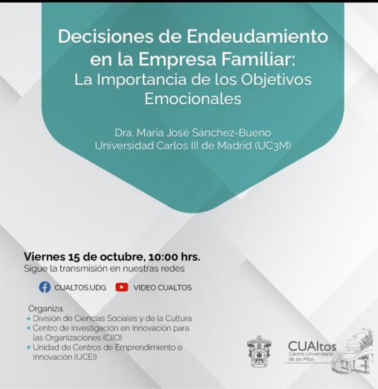 Cartel en el que se lee "Decisiones de Endeudamiento en la Empresa Familiar: La Importancia de los Objetivos Emocionales".