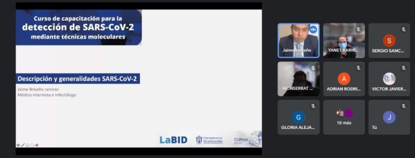 Captura de pantalla de una videollamada en la que se lee "Curso de capacitación para la detección de SARS-CoV2 mediante técnicas moleculares".