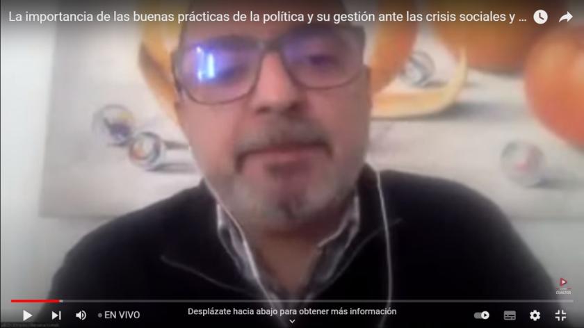 Captura de pantalla de la conferencia inaugural "La Importancia de las buenas prácticas de la política y su gestión ante las crisis sociales y económicas".