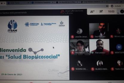 Captura de pantalla de una videollamada en la que se lee "Bienvenida Talleres "Salud Biopsicosocial".