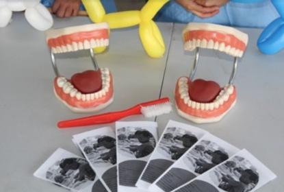 Equipo odontológico para hacer demostración de lavado de dientes.