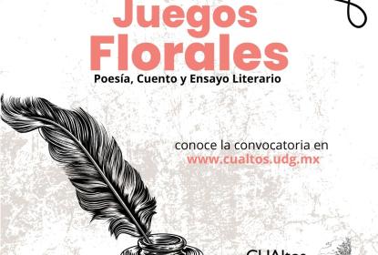 Cartel en el que se lee "Juegos Florales Poesía, Cuento y Ensayo Literario".