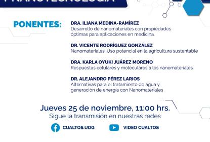 Cartel en el que se lee "FORO NANOCIENCIAS Y NANOTECNOLOGÍA". En la parte inferior la lista de ponencias y sus ponentes.